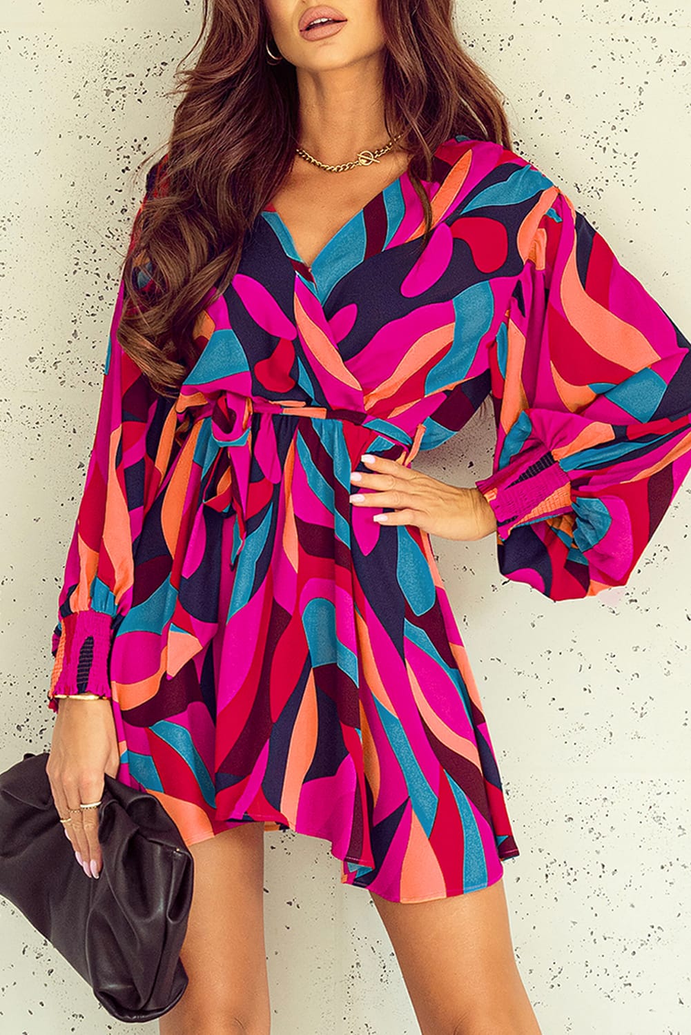 Fiery Red Abstract Printed Belted Puff Sleeve Mini Dress