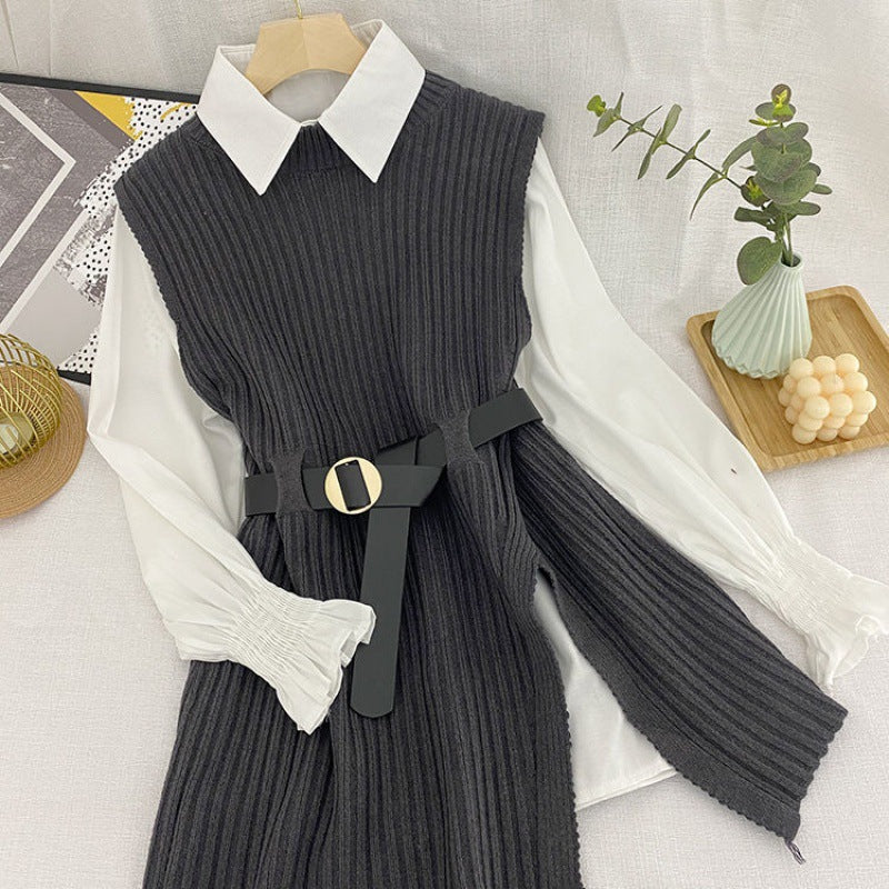 Suit Temperament Shirt Knitted Vest Jacket Female Two-Piece Trend