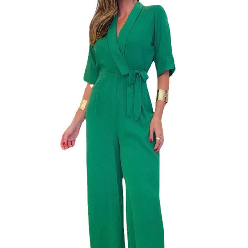 Grüner Jumpsuit mit Revers und Schnürung für Damen