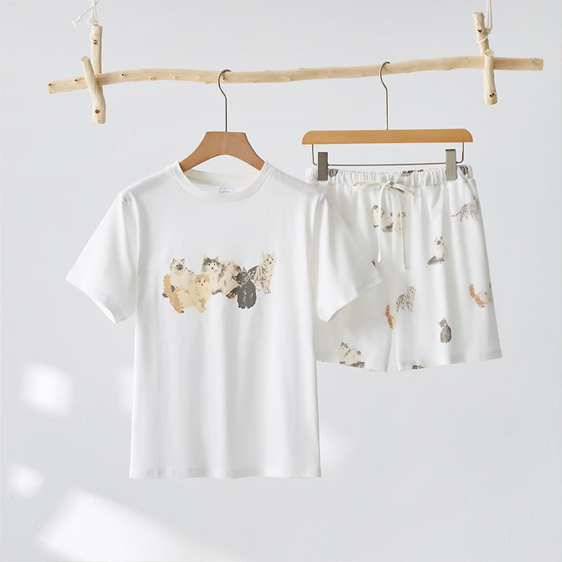 Summer Hand-painted Cat Short Comfortable Loose Home Wear Suit