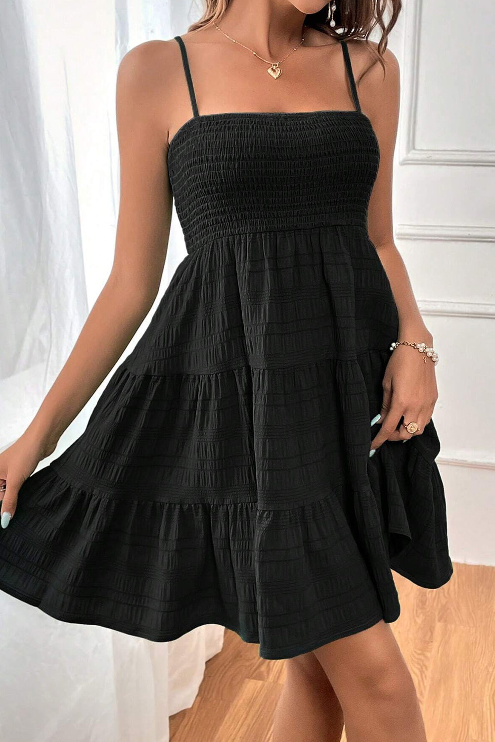 Black Smocked Textured Tiered Skater Dress