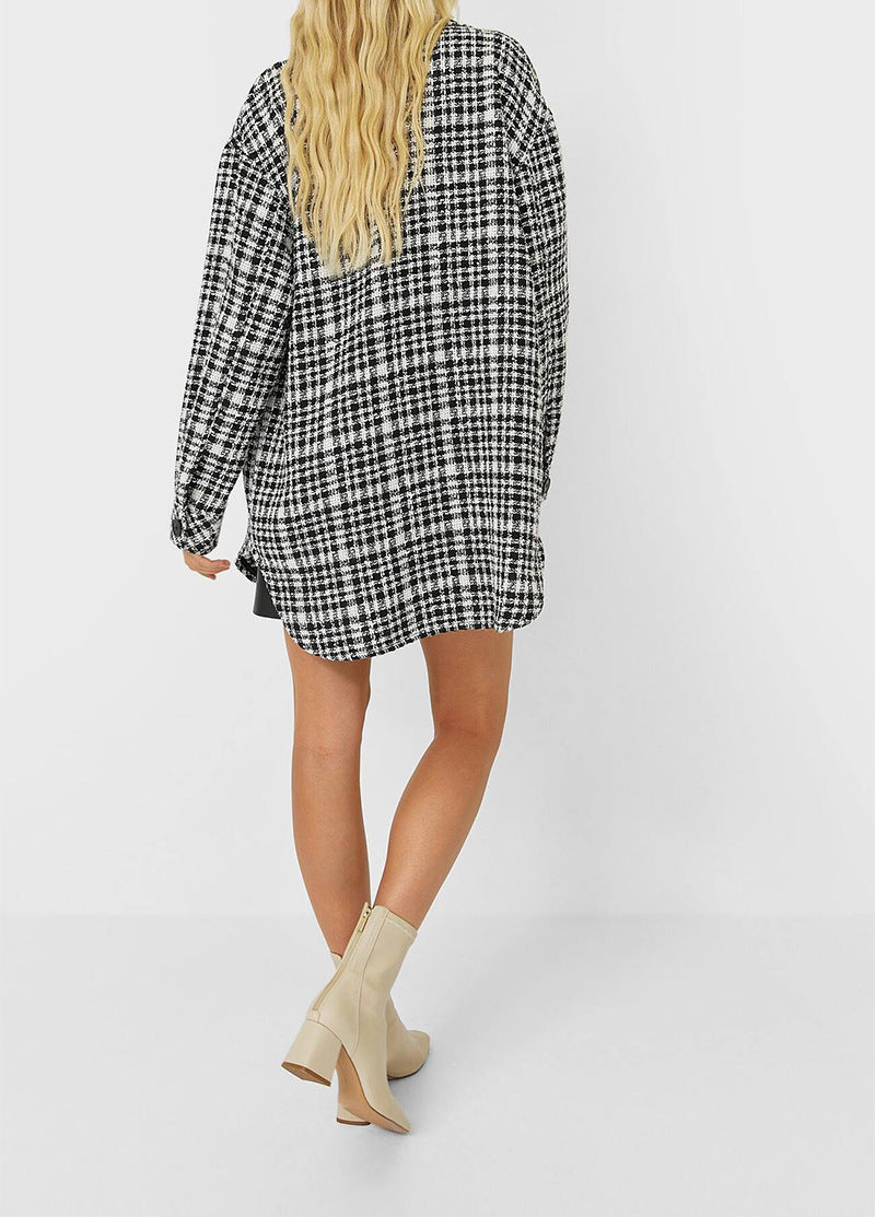 Autumn and winter European and American black and white plaid shirt coat women's autumn ins light mature wind top