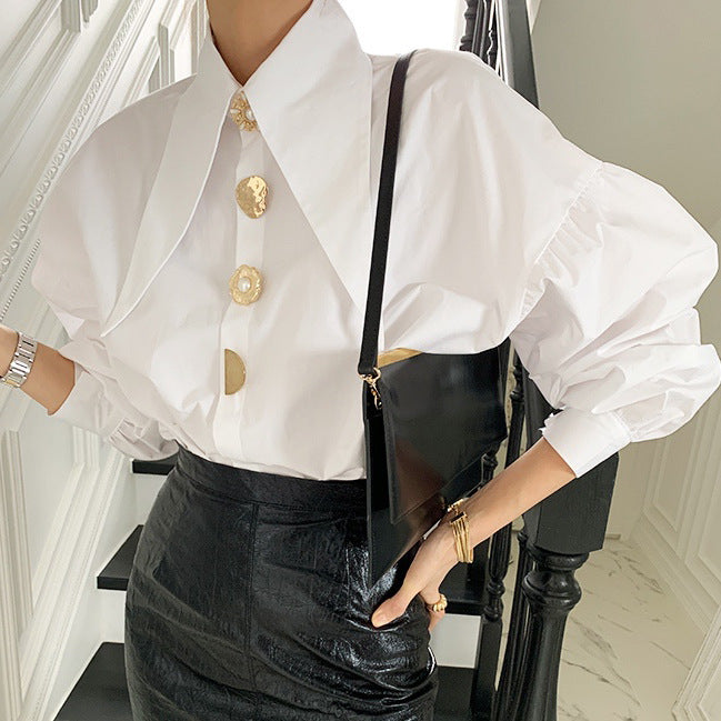 Camisa de solapa de manga larga holgada simple para mujer