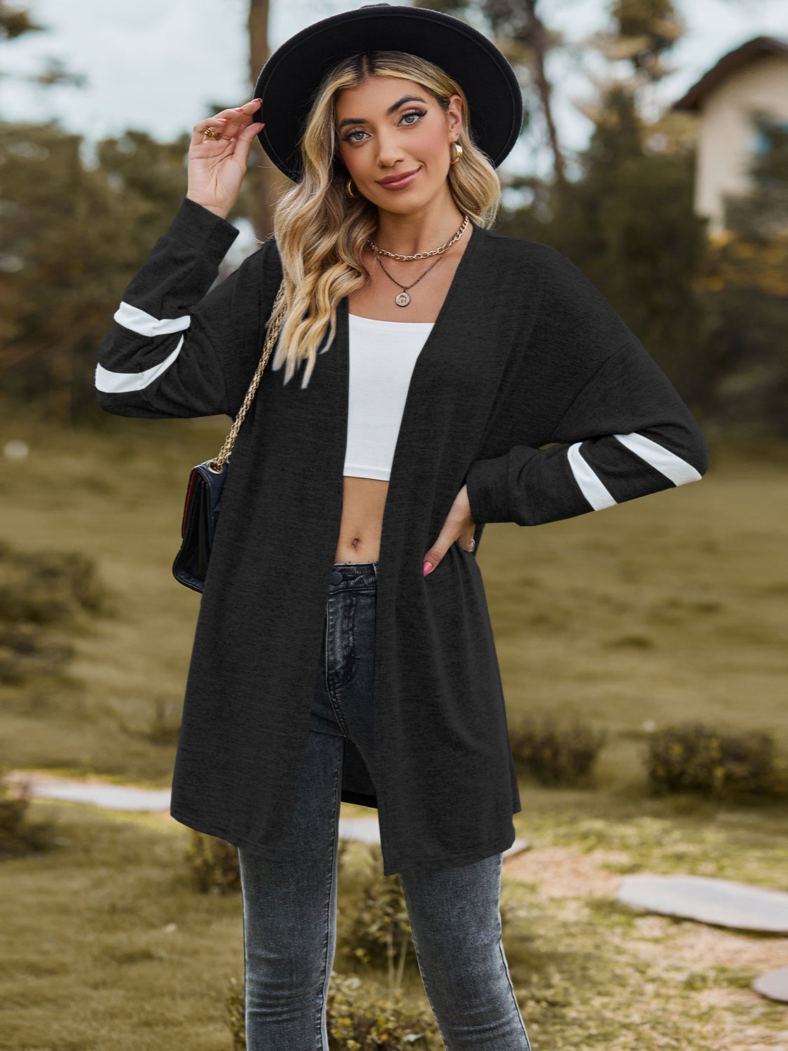 Striped Open Front Dropped Shoulder Cardigan