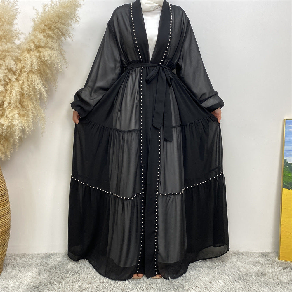 Elegante, einfarbige, perlenbesetzte muslimische Strickjacke aus Chiffon mit Schnürung