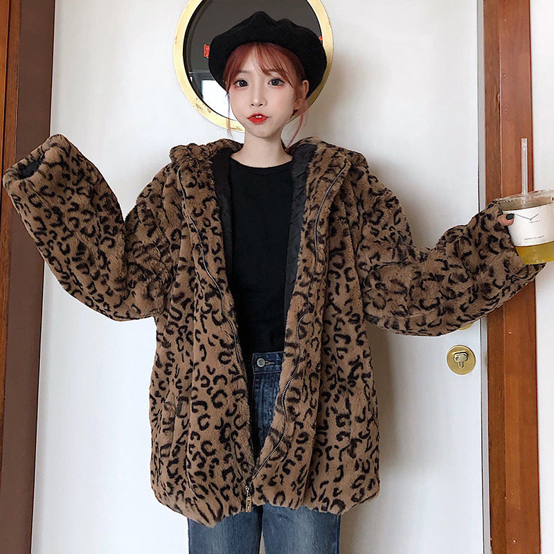 Hooded Korean Style Loose Coat Long Sleeves Plus Velvet Thickening