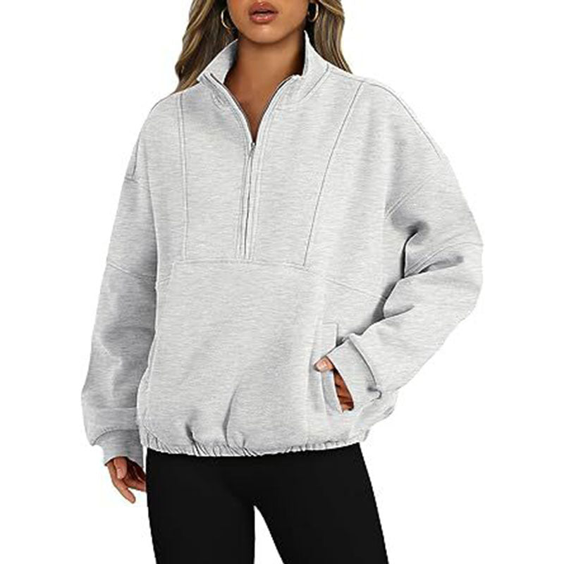 Pullover Sport Casual Damen Reißverschlusstasche Pullover Stehkragen Langarmshirt