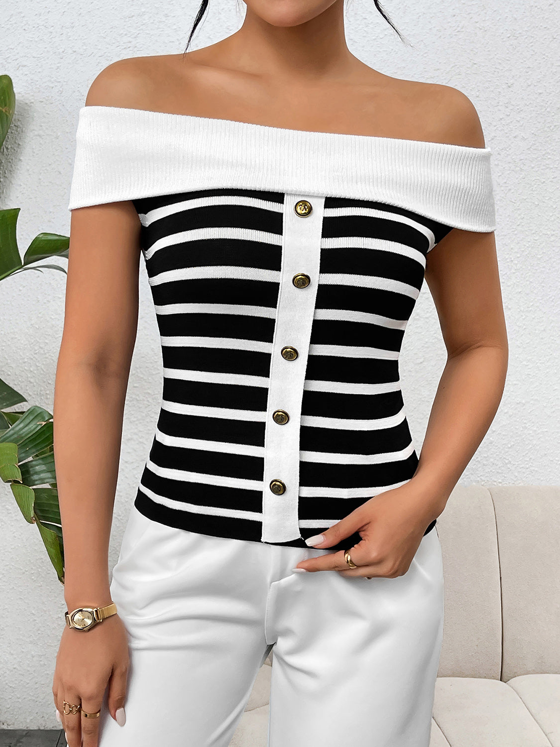 Decorative Button Striped Off-Shoulder Knit Top