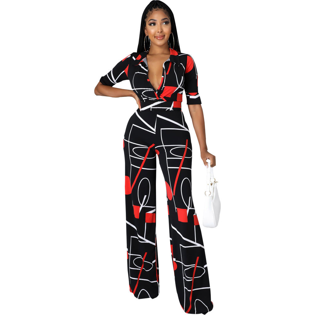 Mode Digitaldruck V-Ausschnitt Damen Jumpsuit lang