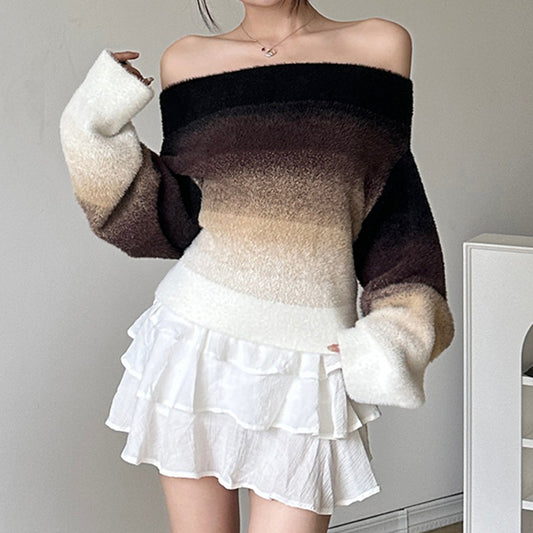 Gradient Off-neck Long-sleeved Woolen Top