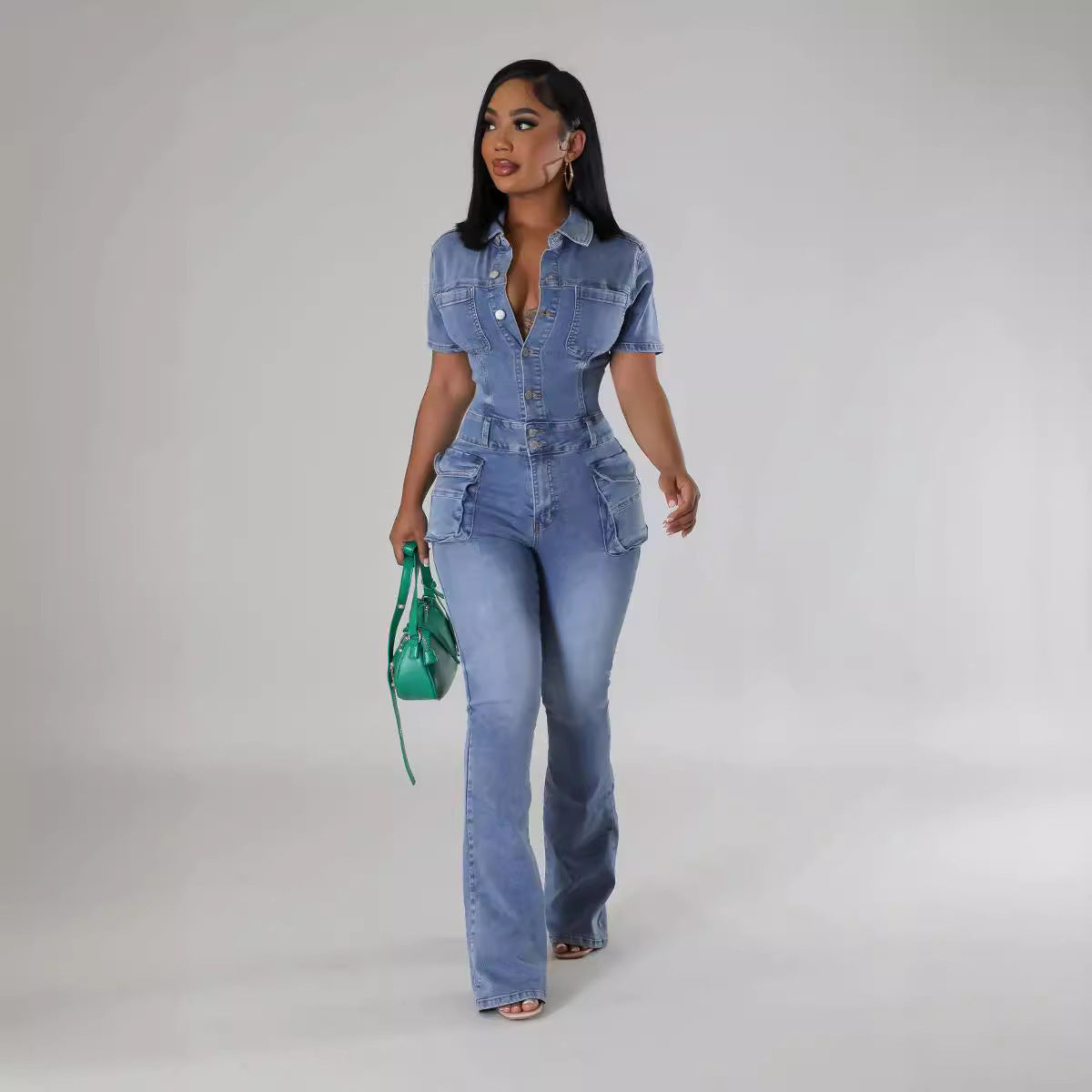 Denim-Overall für Damen mit verwaschenem Kurzarm