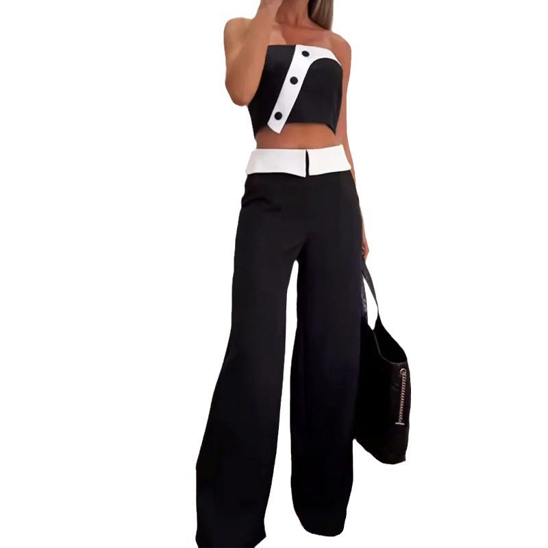 Fashion Hot Girl Vest High Waist Wide Leg Pants Color Matching Suit