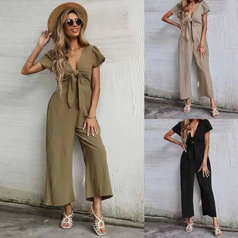 Summer New Hollow Nine-point Cotton And Linen Wide-leg Jumpsuit Women