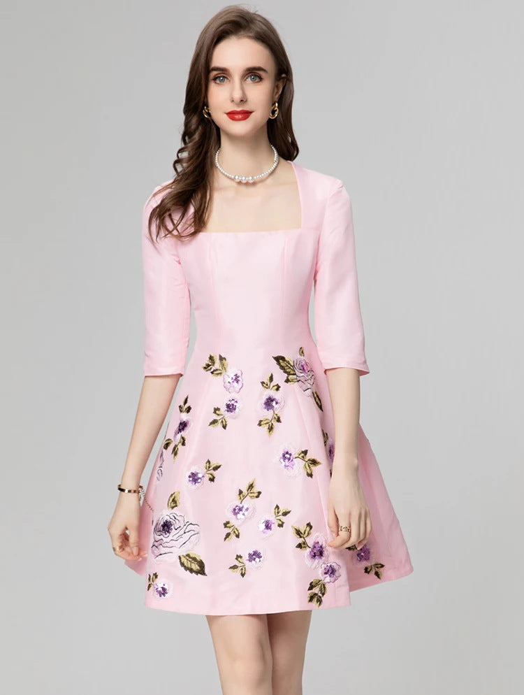 Exquisite Embroidered Flowers Half Sleeve Skirt Dress