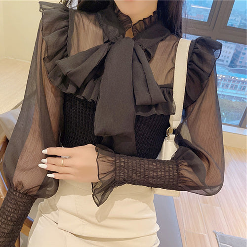 Women's Solid Color Sweet Lace Bow Shirt