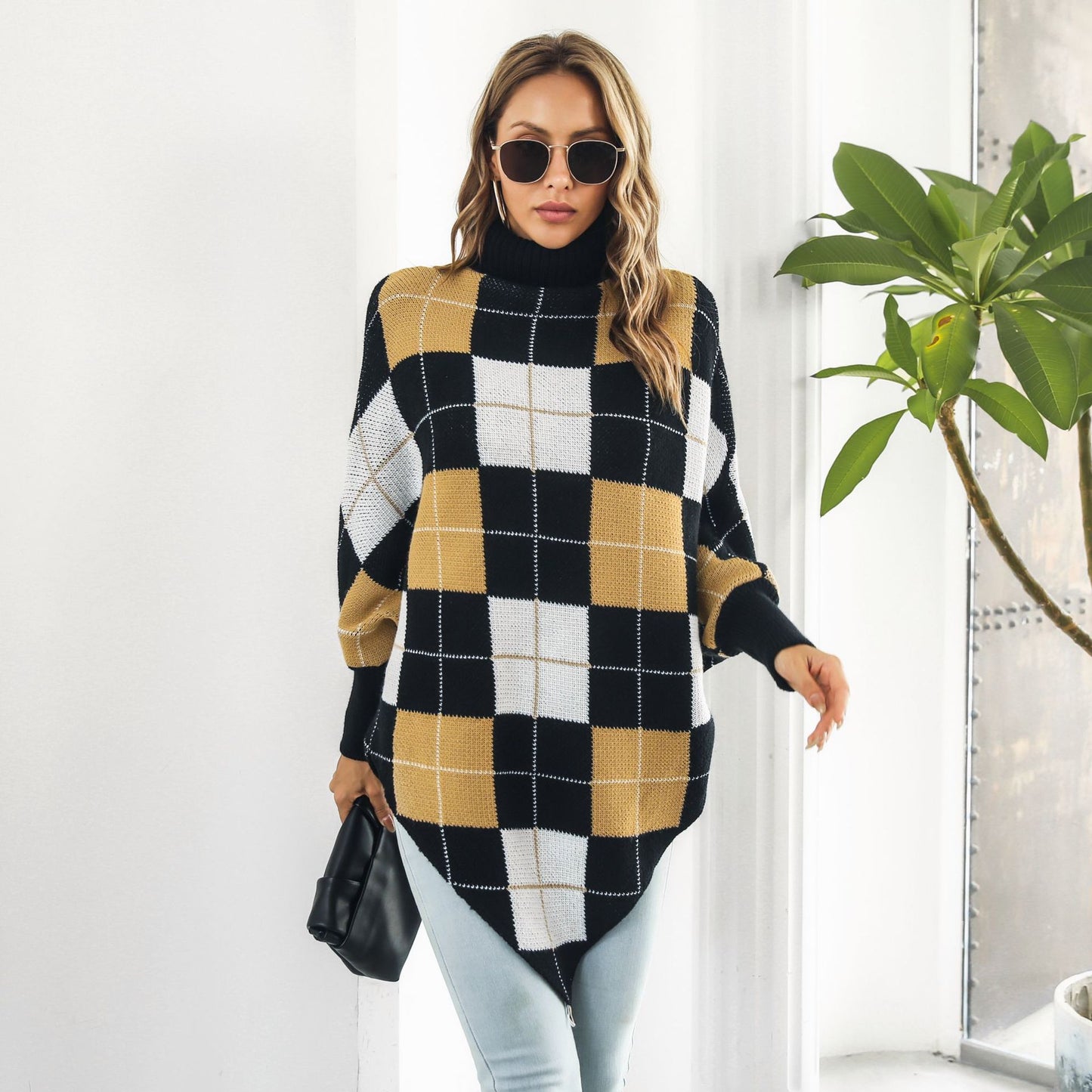 Women's Mid-length Plaid Jacquard Cape Sweater Coat