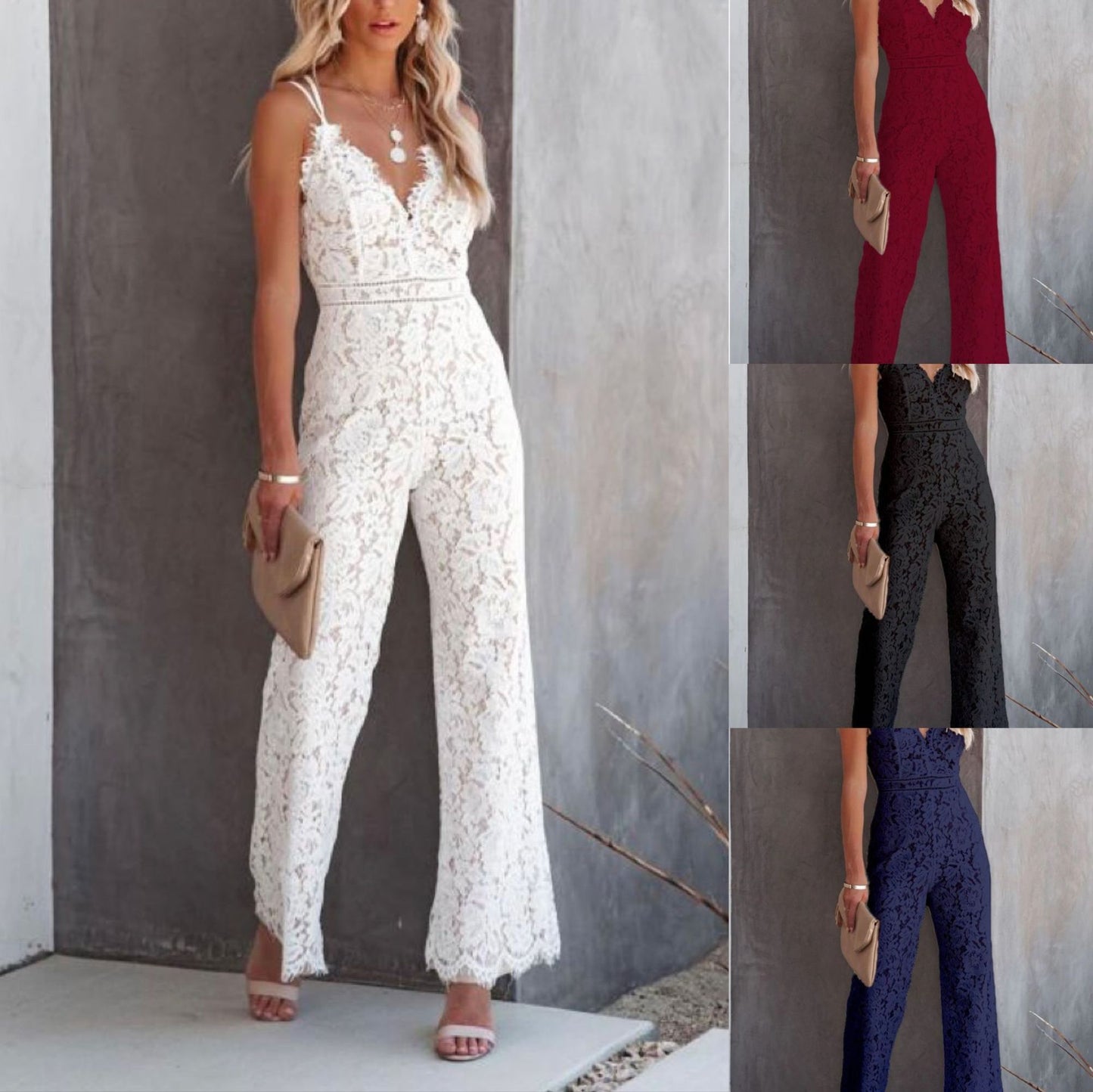 Solid Color Lace Stitching Sleeveless Casual Suspender Jumpsuit