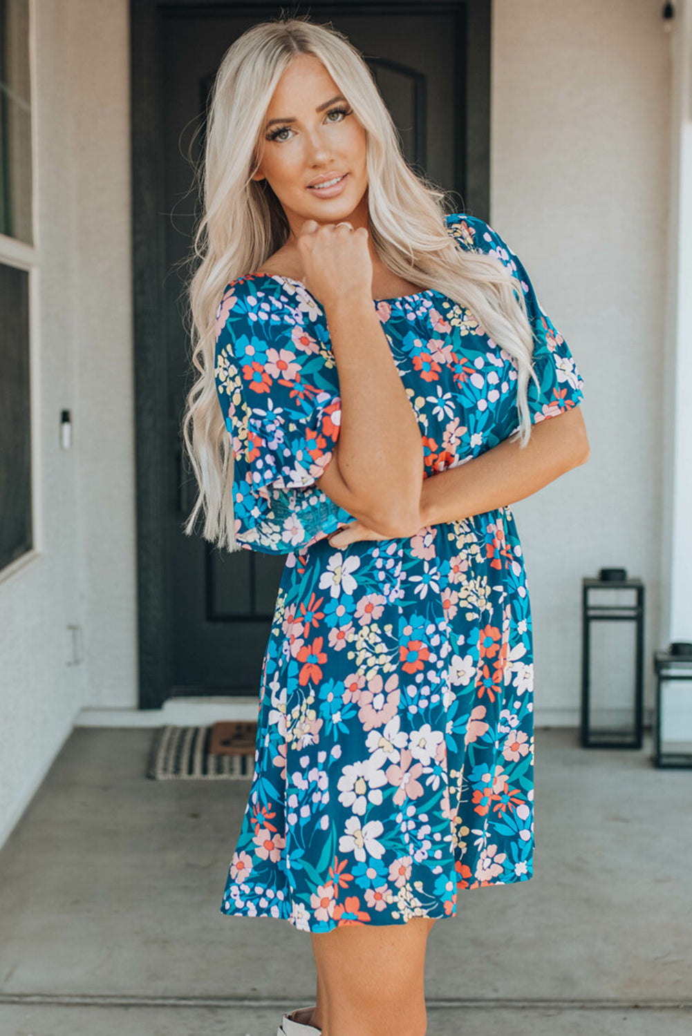 Blue Square Neck Ruffle Floral Dress