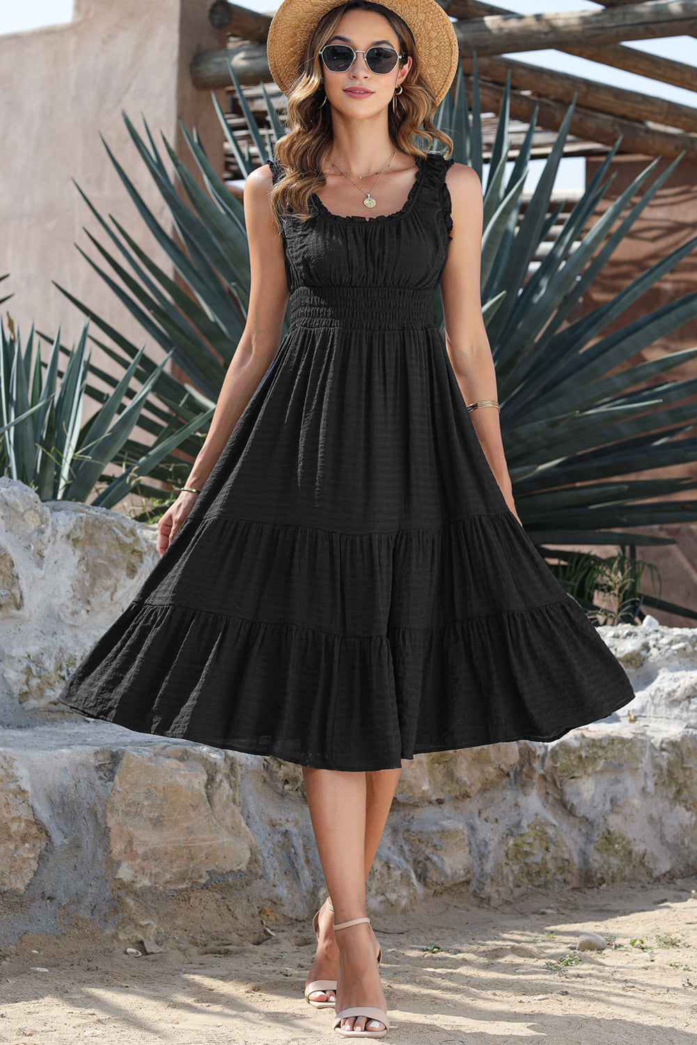 Black U-Neck Sleeveless Ruched Tiered Ruffled Midi Dress