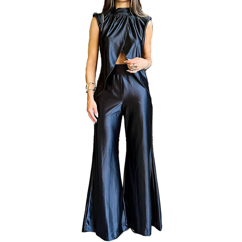 Solid Color Turtleneck Hollow-out Cinched Bell-bottom Pants Fashion Casual Set