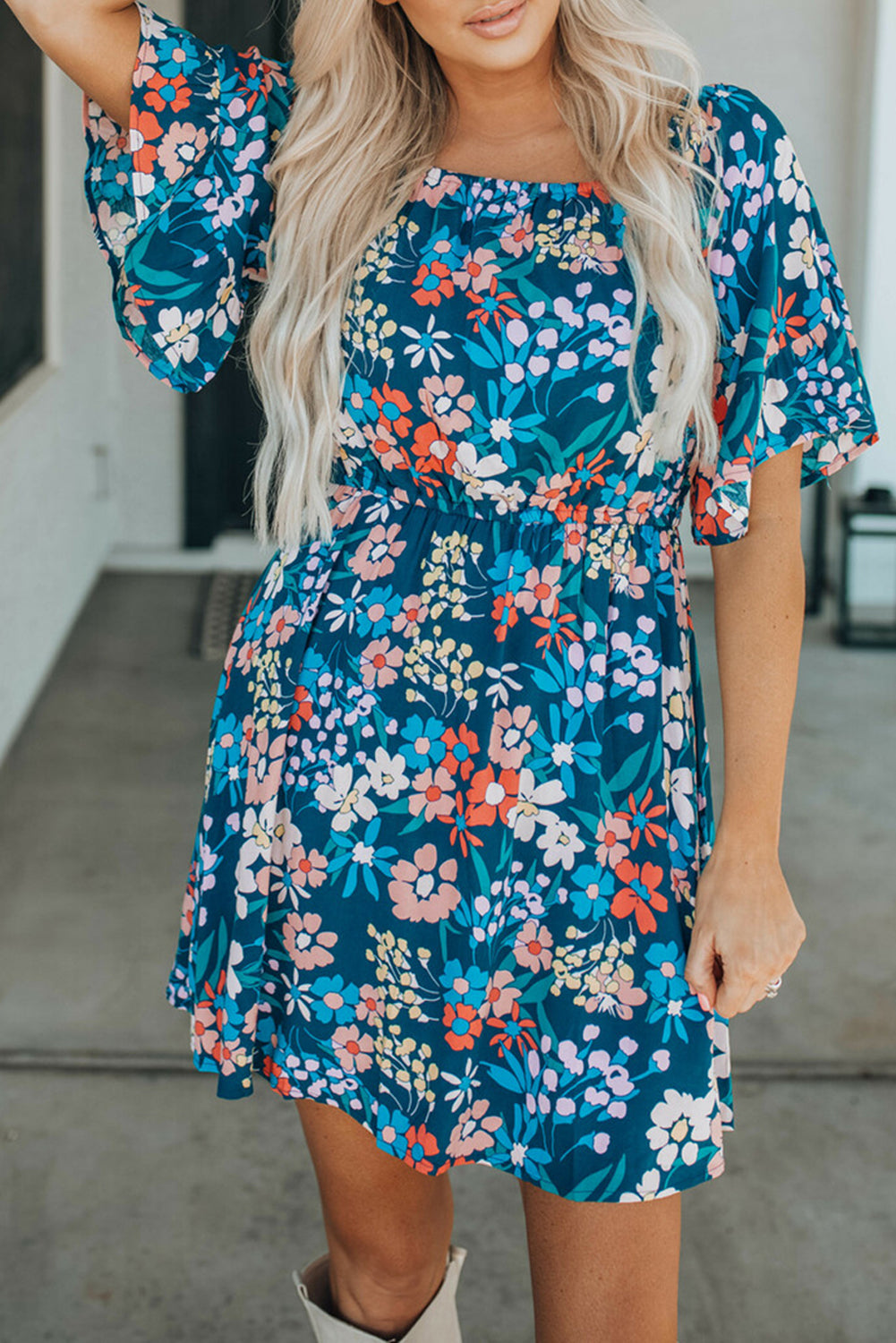 Blue Square Neck Ruffle Floral Dress