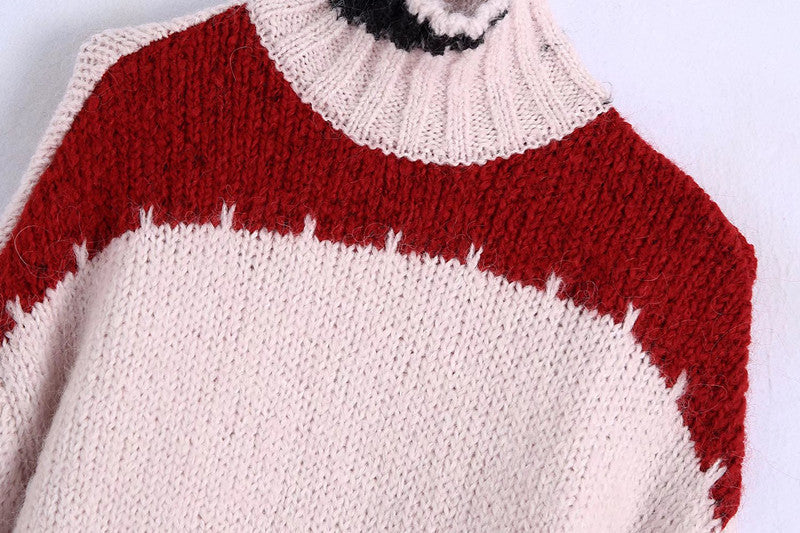 Europäischer und amerikanischer Strickpullover mit Farbblock für Damen