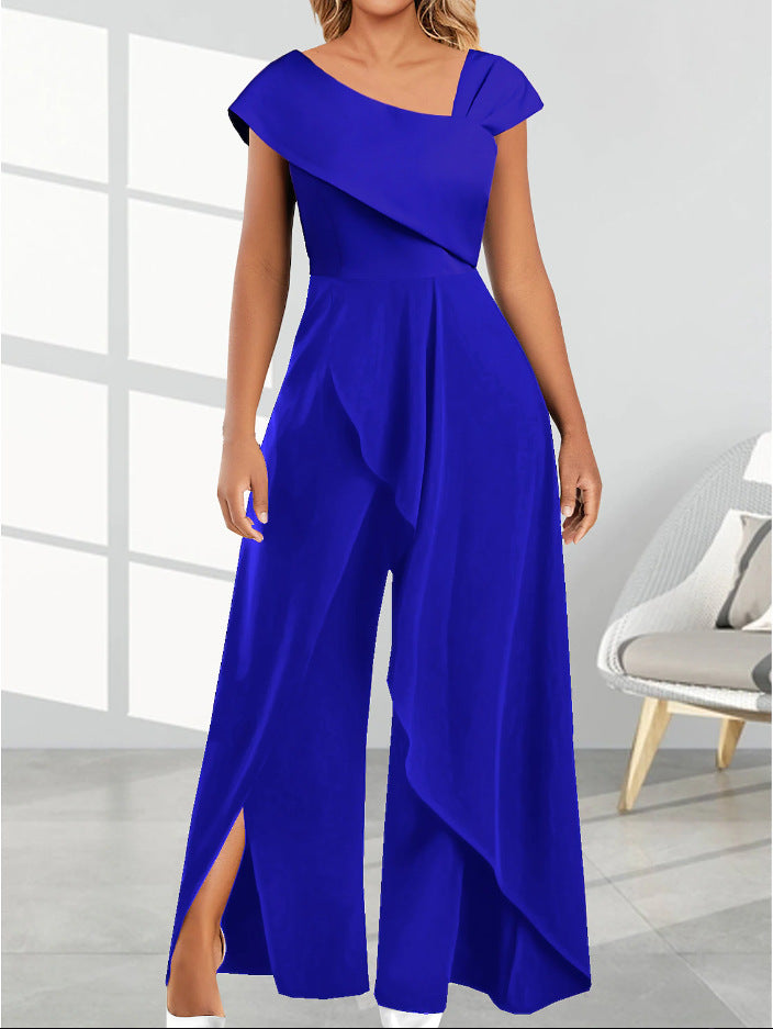 Women's Fashion Temperament Diagonal Collar Solid Color Jumpsuit