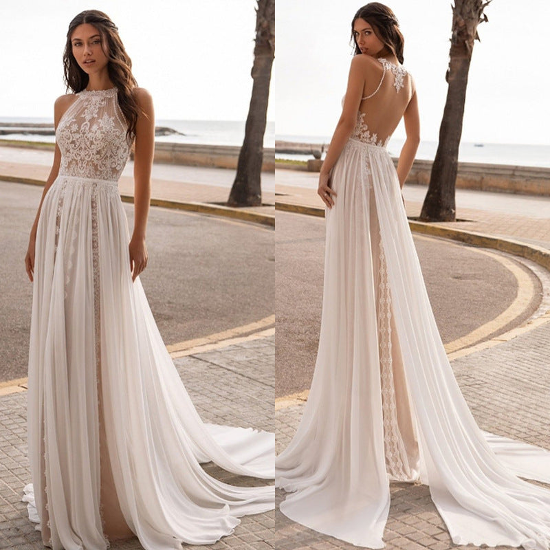 Bridal Elegant Lace Wedding Dress Halter Party Evening Dress