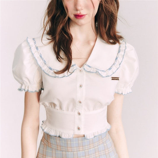 Small Shirt Puff Sleeve Navy Style French Style Peter Pan Collar Short Sleeve