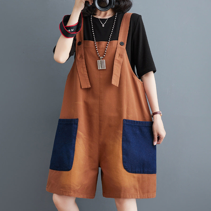 Fashion Large Contrast Denim Strap Pants