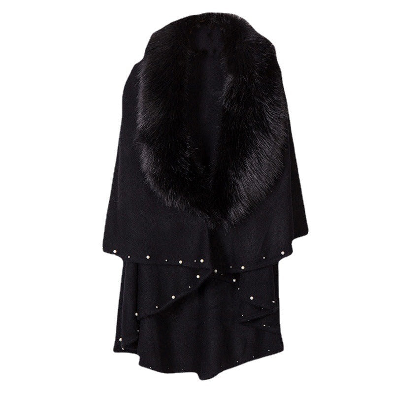 Women's Fashion Fur Collar Beaded Double Layer Inverness