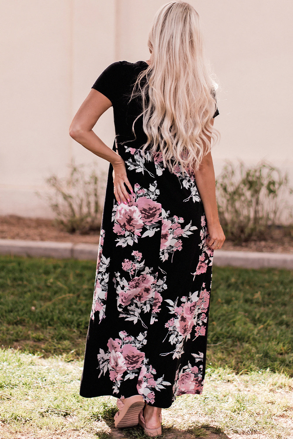 Black Contrast Floral Empire Waist Maxi Dress