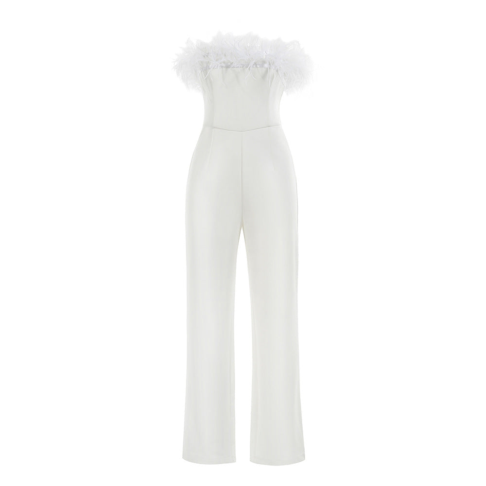 Feather Wrapped Chest Slim Waist One-piece Trousers Female