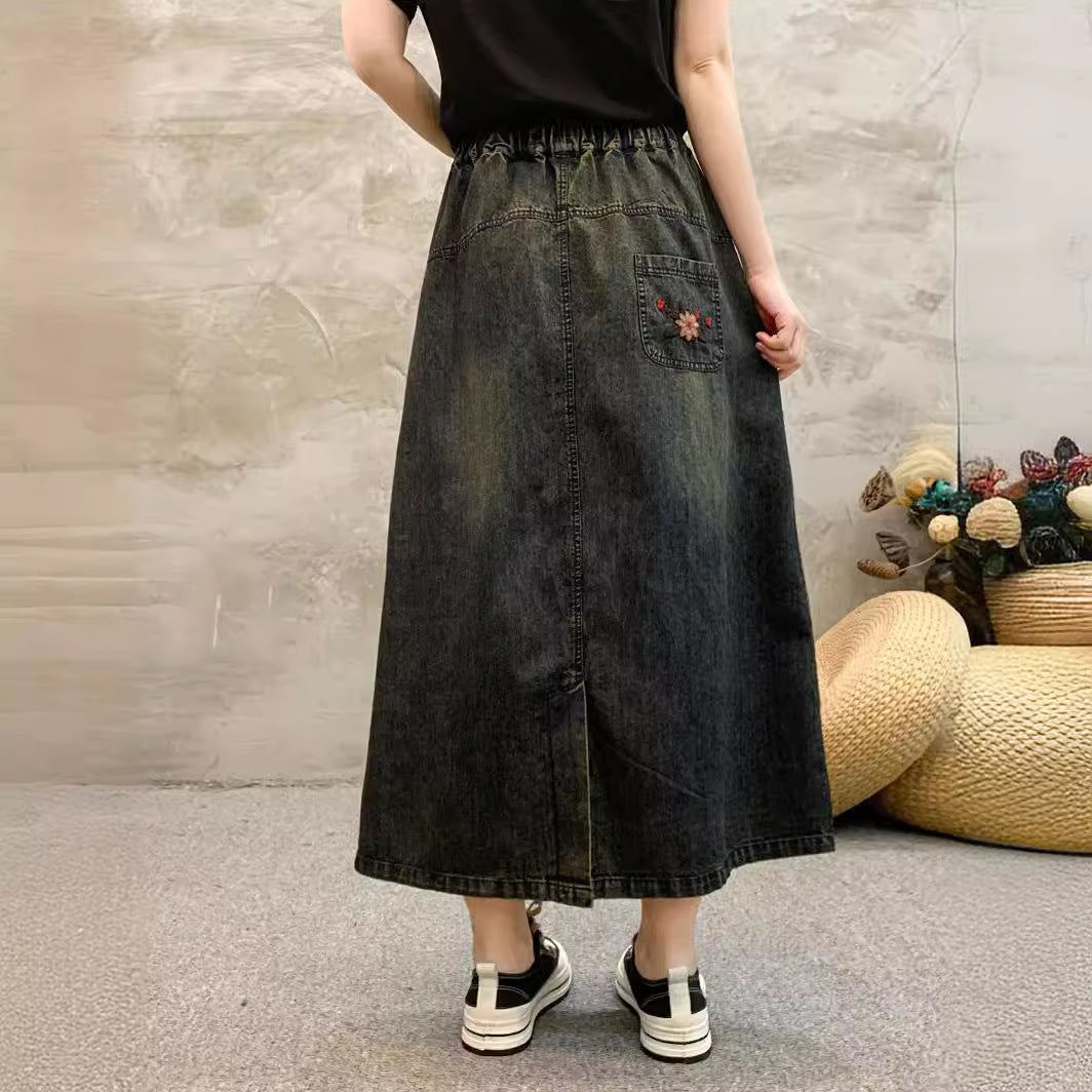 Spring Chinese Style Small Flower Embroidery High-waisted Skirt