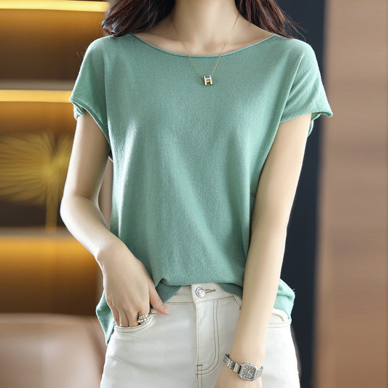 Women's Solid Color Short Sleeve Bottoming Casual Knitted Sweater