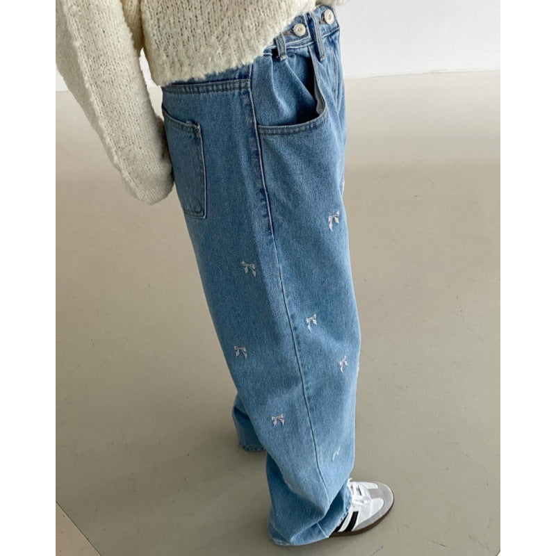 Embroidered Bow Loose Straight High Waist Waist Adjustable Jeans