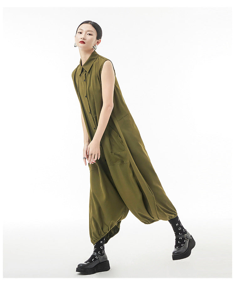 Women's Summer Thin Japanese Lapel Sleeveless Jumpsuit