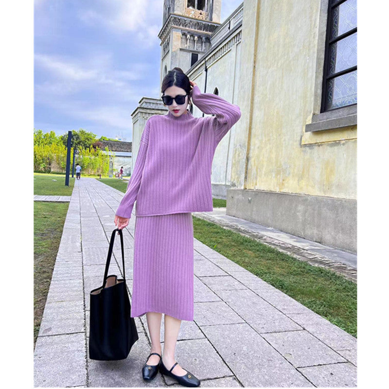 Autumn And Winter New Half Turtleneck Sunken Stripe Loose-fitting Women's Sweater Dress