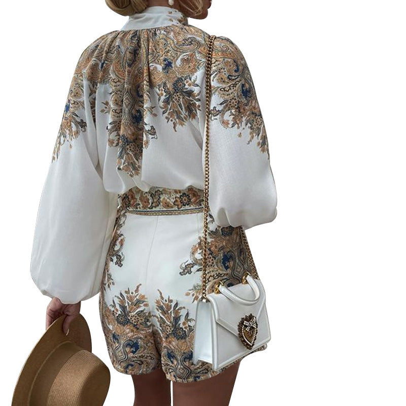 Women's Printed Long-sleeved Top Shorts Suit