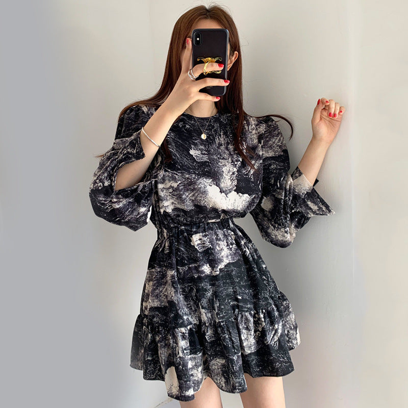 Elegant Temperament Ink Printing Design Round Neck Slim High Waist Lantern Sleeves Ruffled Dress