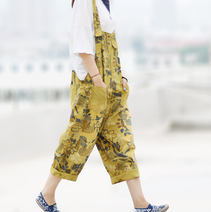 Casual Loose Floral Print Cotton Overalls Women