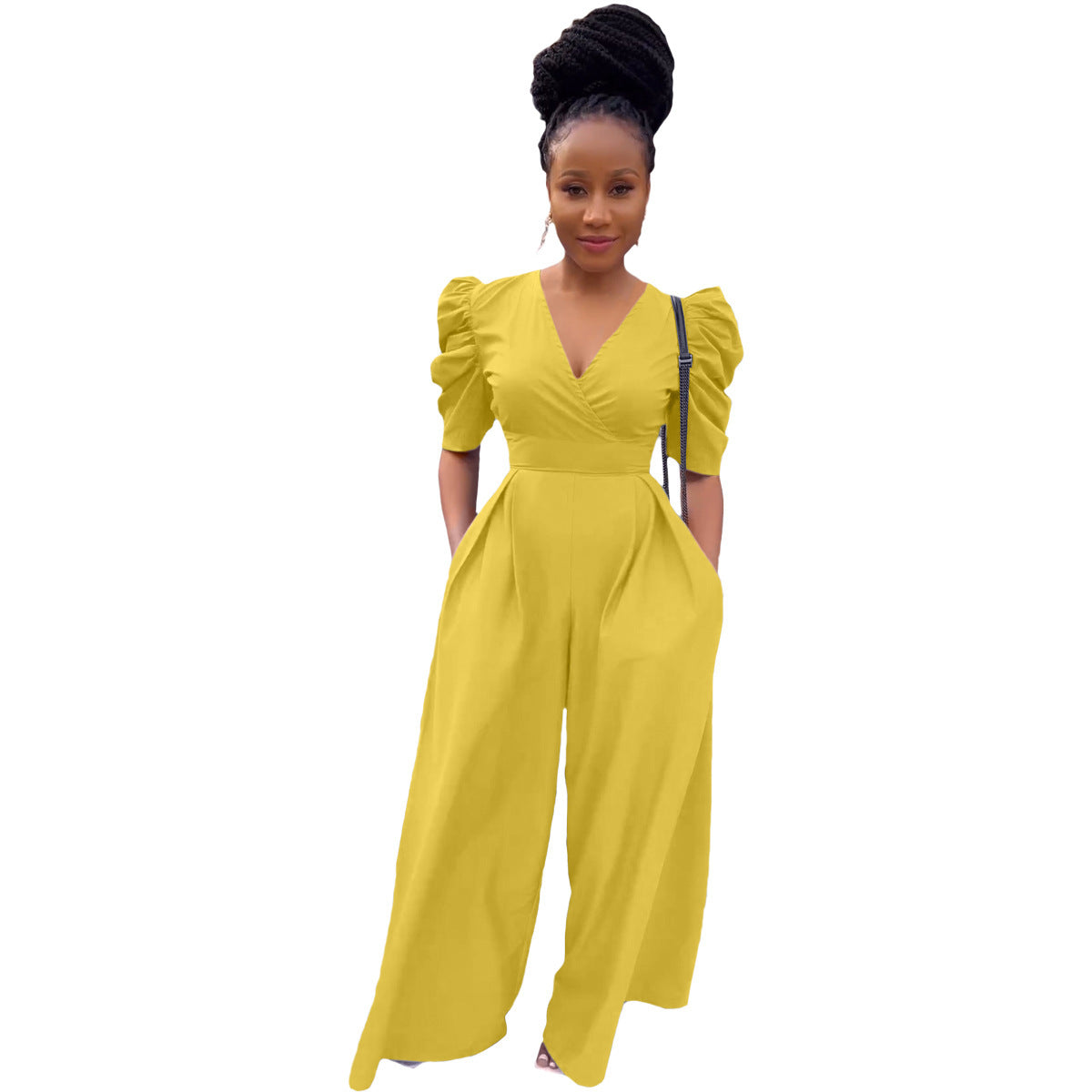 Damenbekleidung Frühling/Sommer Plissee V-Ausschnitt Gewebter Loose Wide-Leg Jumpsuit Reißverschluss auf der Rückseite