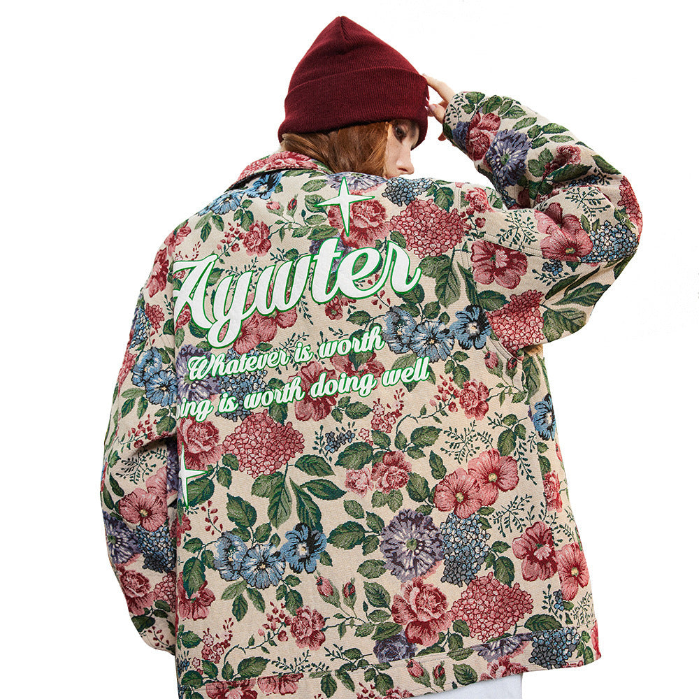 Amerikanischer Retro-Volldruck, garngefärbte Blumenjacke, Baggy-Mantel