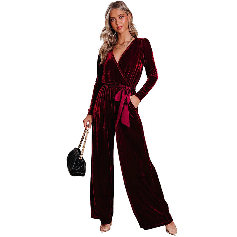 Women's Solid Color Fashion Elegant Velvet Jumpsuit