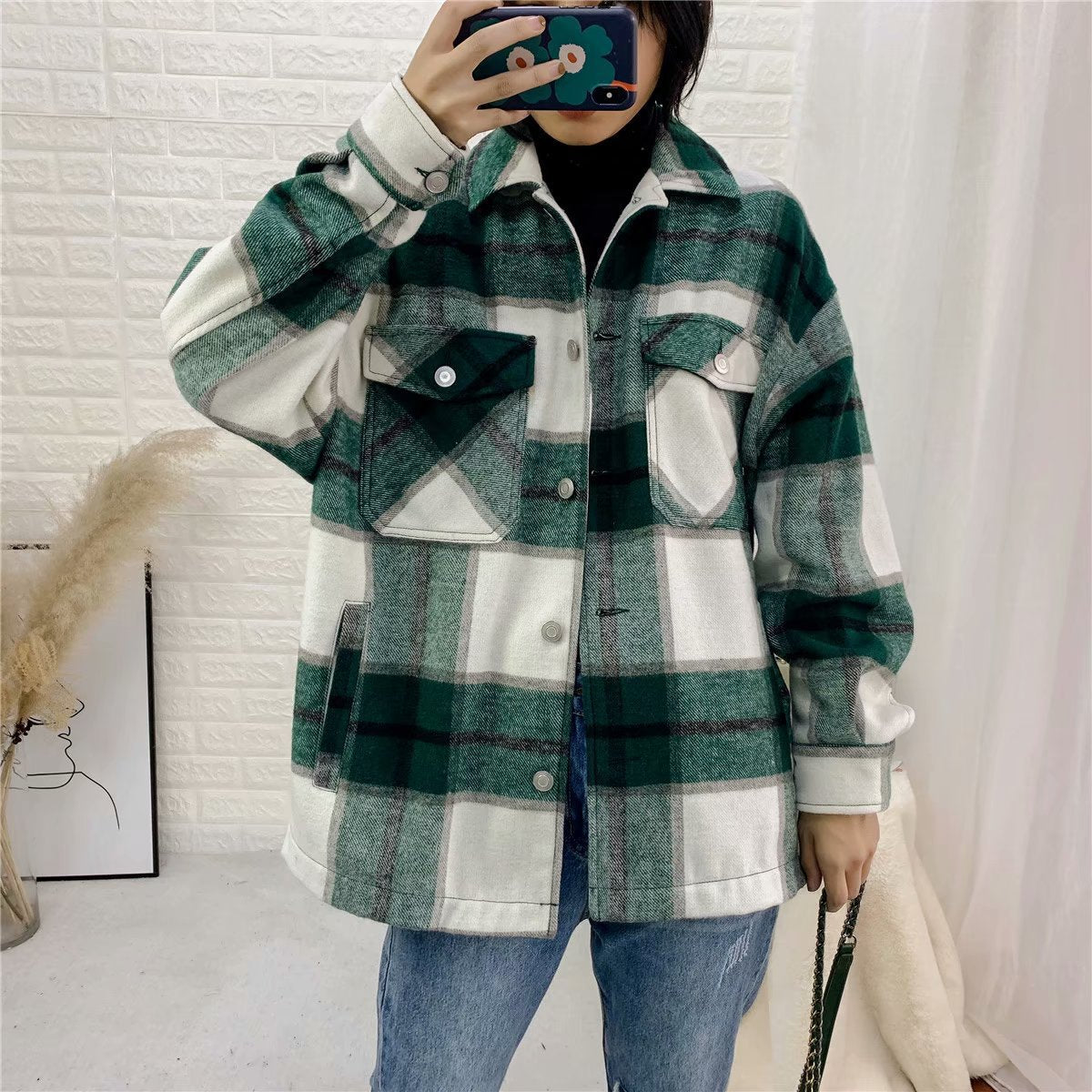 Casual Plaid Shirt Frauen Tweed Mantel Knöpfe Taschen Weibliche Jacke