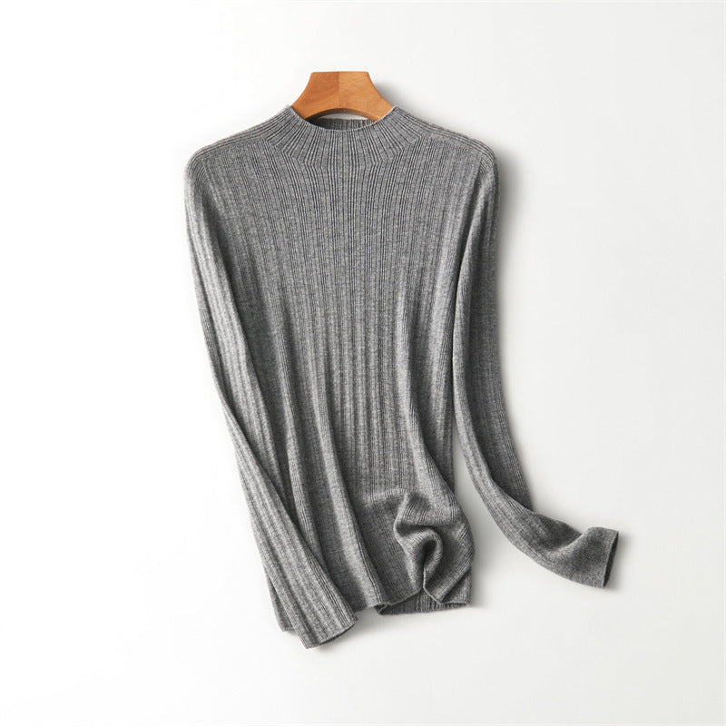 Damen-Langarmpullover aus reiner Wolle, nahtlos, Kammgarn, halber Rollkragen, Mernu Sunken