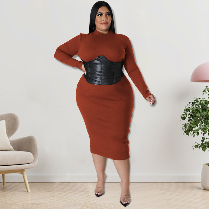 Herbst-Plus-Size-Damen-Reißverschluss-Lederkleid