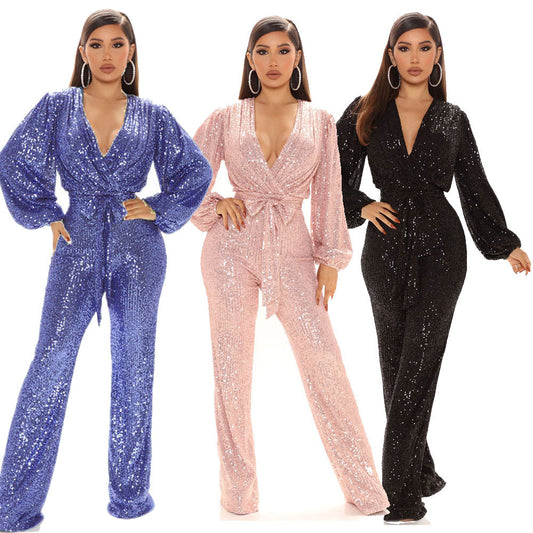 Women's Sequined Deep V-neck Long-sleeved Jumpsuit Trousers