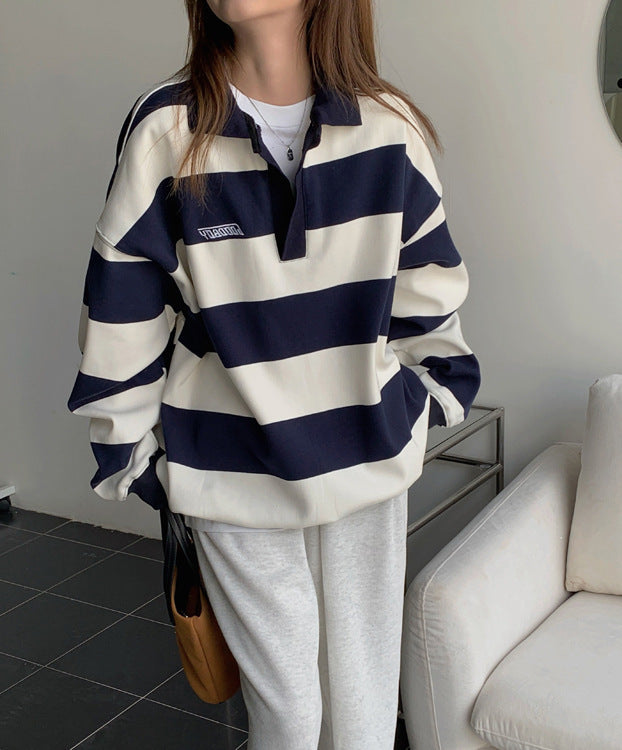 American Retro Polo Collar Striped Sweater Women's Thin