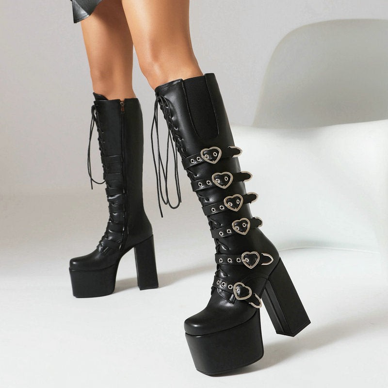 Women's High Heel Punk Front Lace-up Martin High Leg Boot